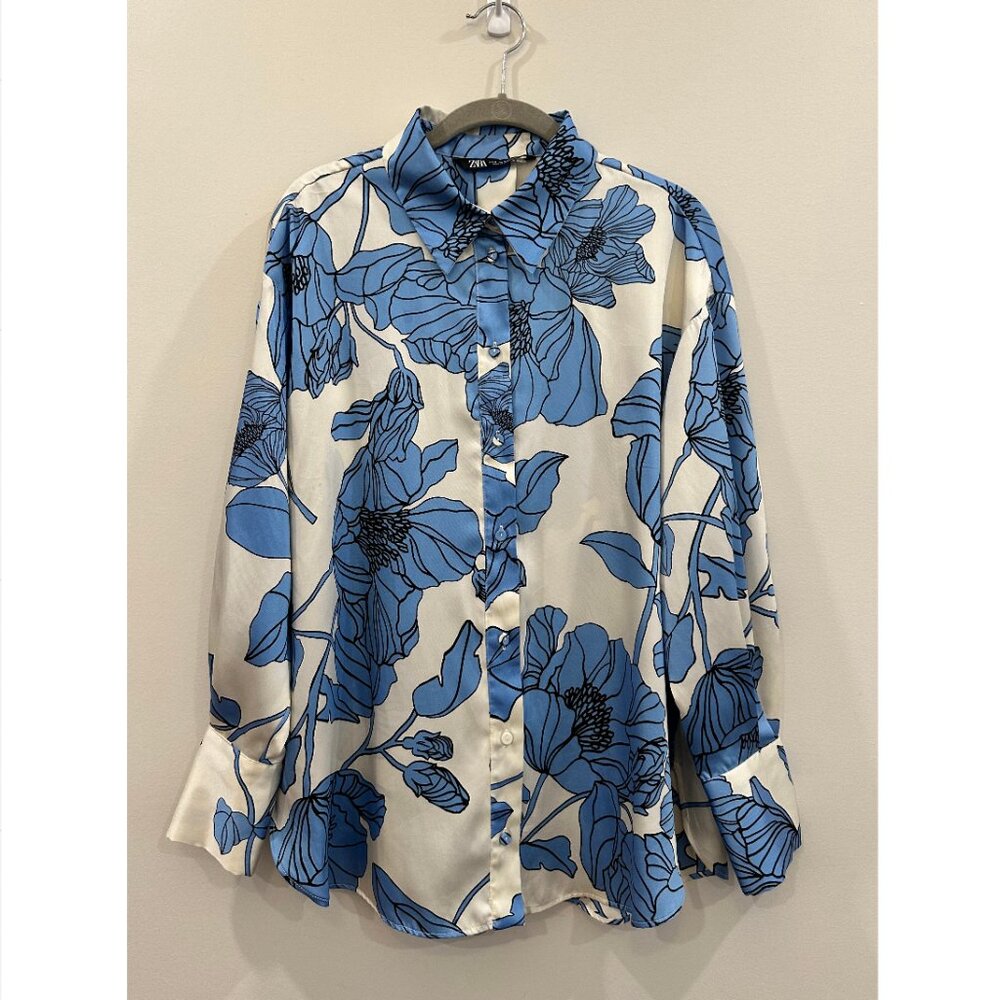 Zara Blue/White Floral Print Shirt Medium